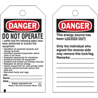 Lockout Tags, Plastic, 3" W x 5-1/2" H, English Superchem Industries